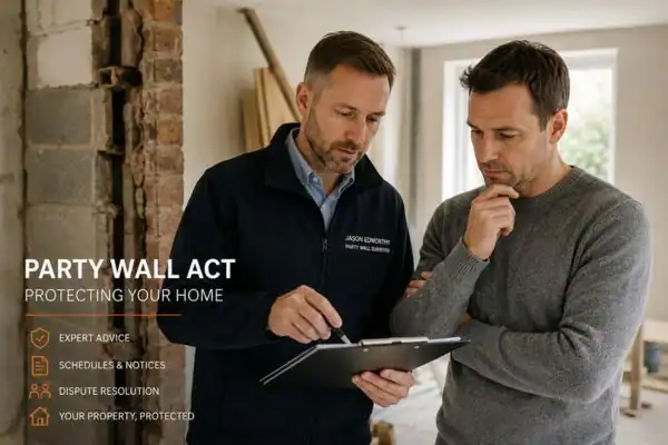 Party wall surveyor Cambridge  discussing extension plans with homeowner outside a UK semi-detached house.